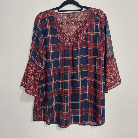 Catherines Women's Plaid Print Georgette Peasant Red Blue Blouse Top Plus Sz OX - Picture 4 of 8
